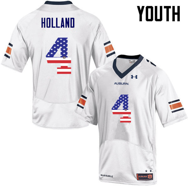 Youth #4 Jeff Holland Auburn Tigers USA Flag Fashion College Football Jerseys-White - Click Image to Close